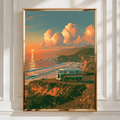 Retro Camper Van Coastal Sunset Poster, Sea Cliffs Wall Art Print