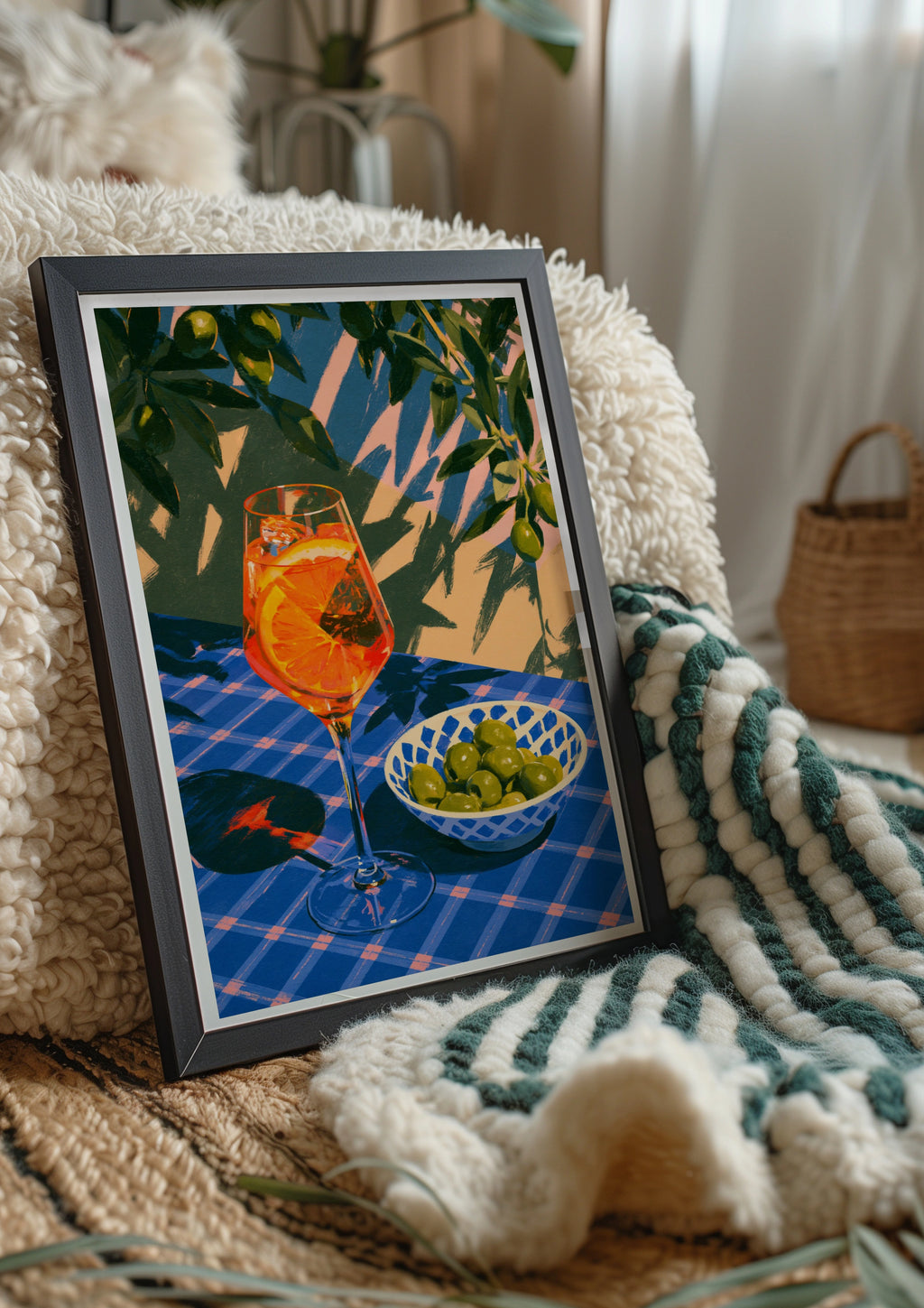Spritz & Olives Poster, Italian Summer Cocktail Wall Art, Blue Bold Print