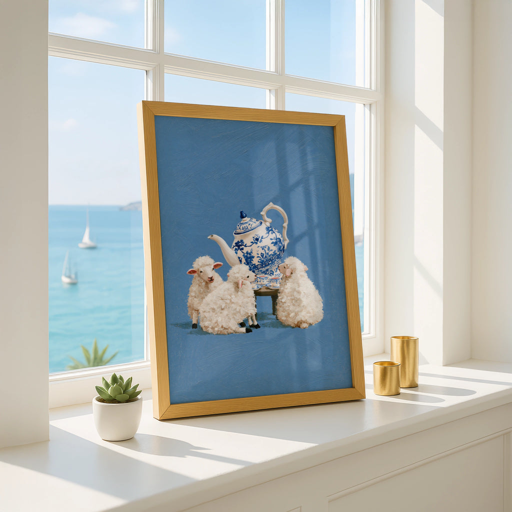Lambs Tea Party Poster, Blue White Chinoiserie Teapot, Whimsical Sheep Art Print