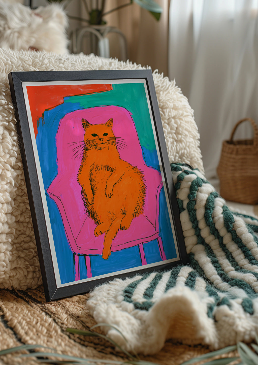 Fat Bored Cat on Armchair Poster, Bold Colourful Pop Art Print