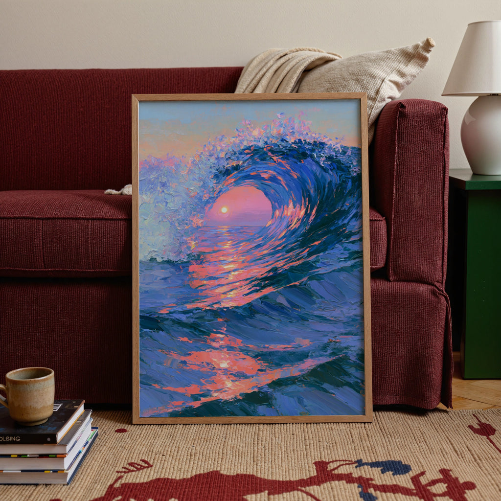 Ocean Wave Sunset Poster, Impressionist Sea Art Print, Blue Pink Wall Art