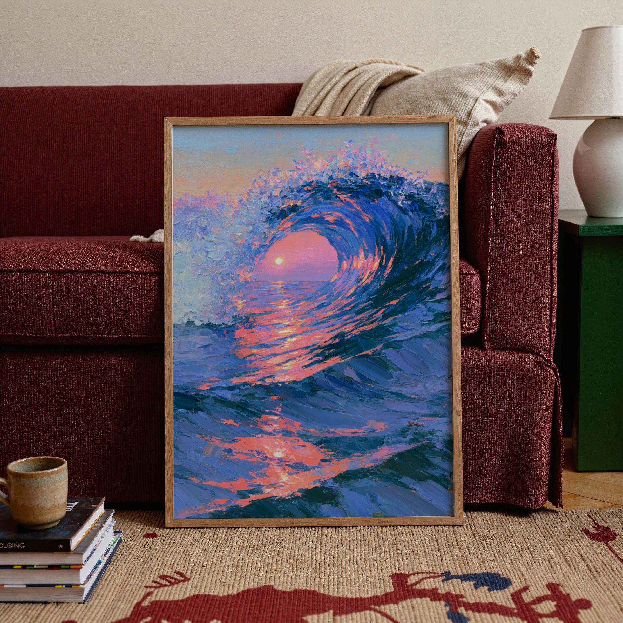 Ocean Wave Sunset Poster, Impressionist Sea Art Print, Blue Pink Wall Art