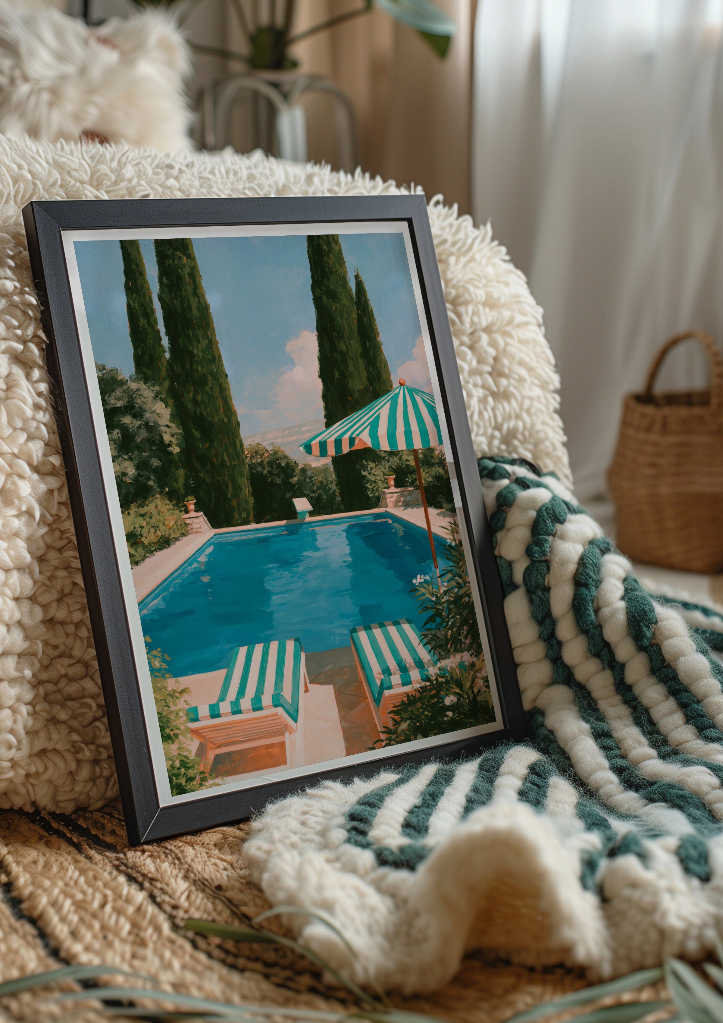Pool Loungers Striped Umbrella Art Print, Mediterranean Summer Poster, Painted Style