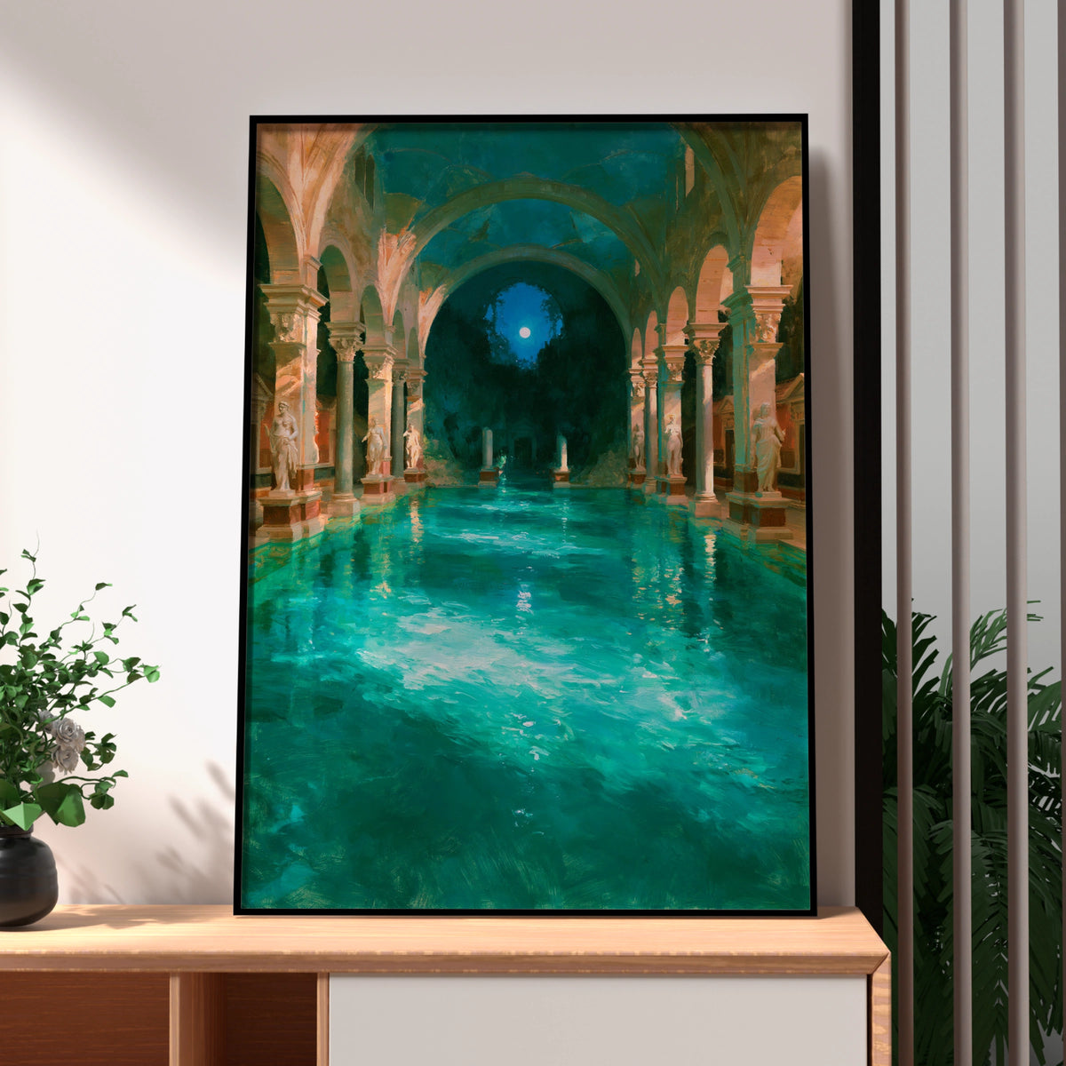 Roman Bathhouse Painting Poster, Ancient Architecture, Teal Moonlit Pool Art