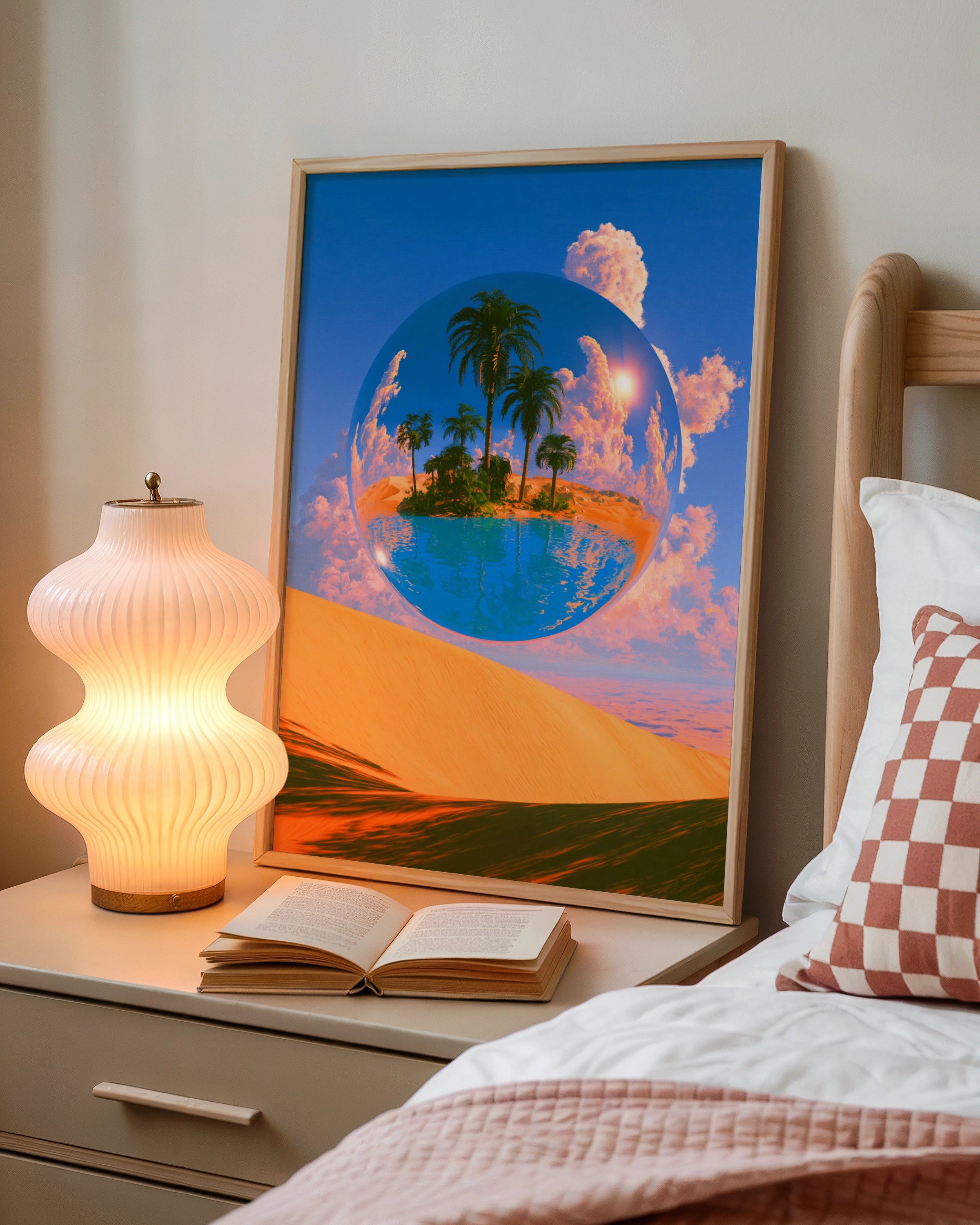 Desert Oasis Sphere Poster, Surreal Palm Tree Sand Dune Wall Art Print