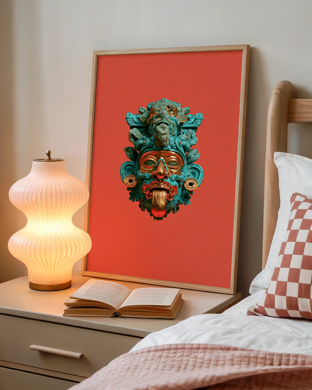 Aztec Mask Poster, Turquoise Red Gold Deity Art, Mesoamerican Wall Print