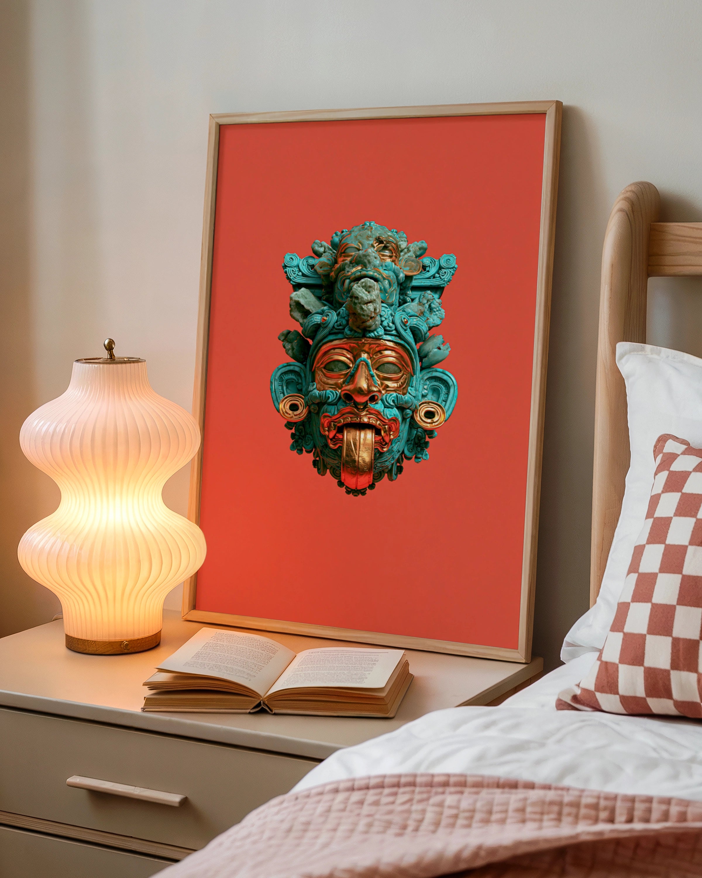 Aztec Mask Poster, Turquoise Red Gold Deity Art, Mesoamerican Wall Print