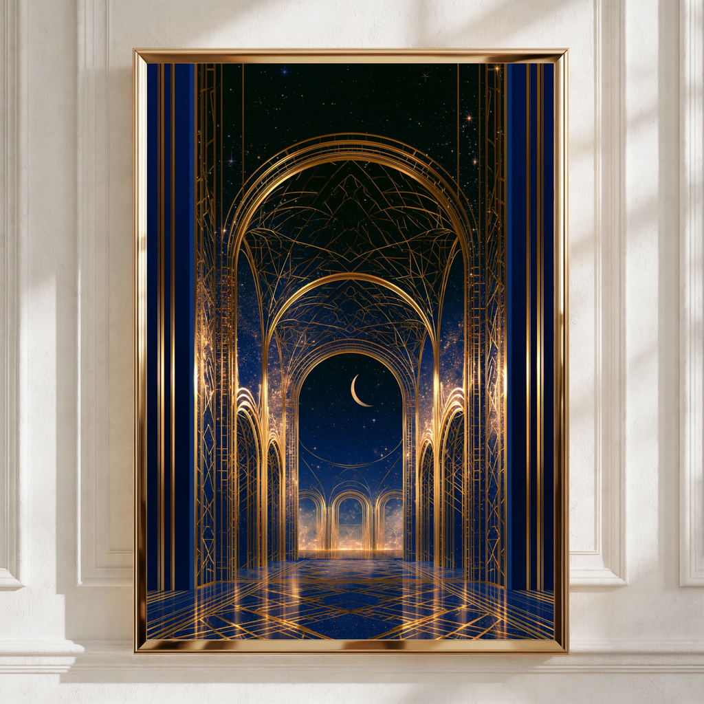 Temple Archway Night Sky Poster, Blue Gold Celestial Architecture Print, Art Deco