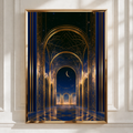 Temple Archway Night Sky Poster, Blue Gold Celestial Architecture Print, Art Deco
