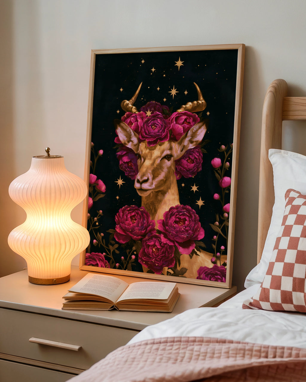 Antelope Flowers Stars Poster, Dark Floral Animal Wall Art, Celestial Print