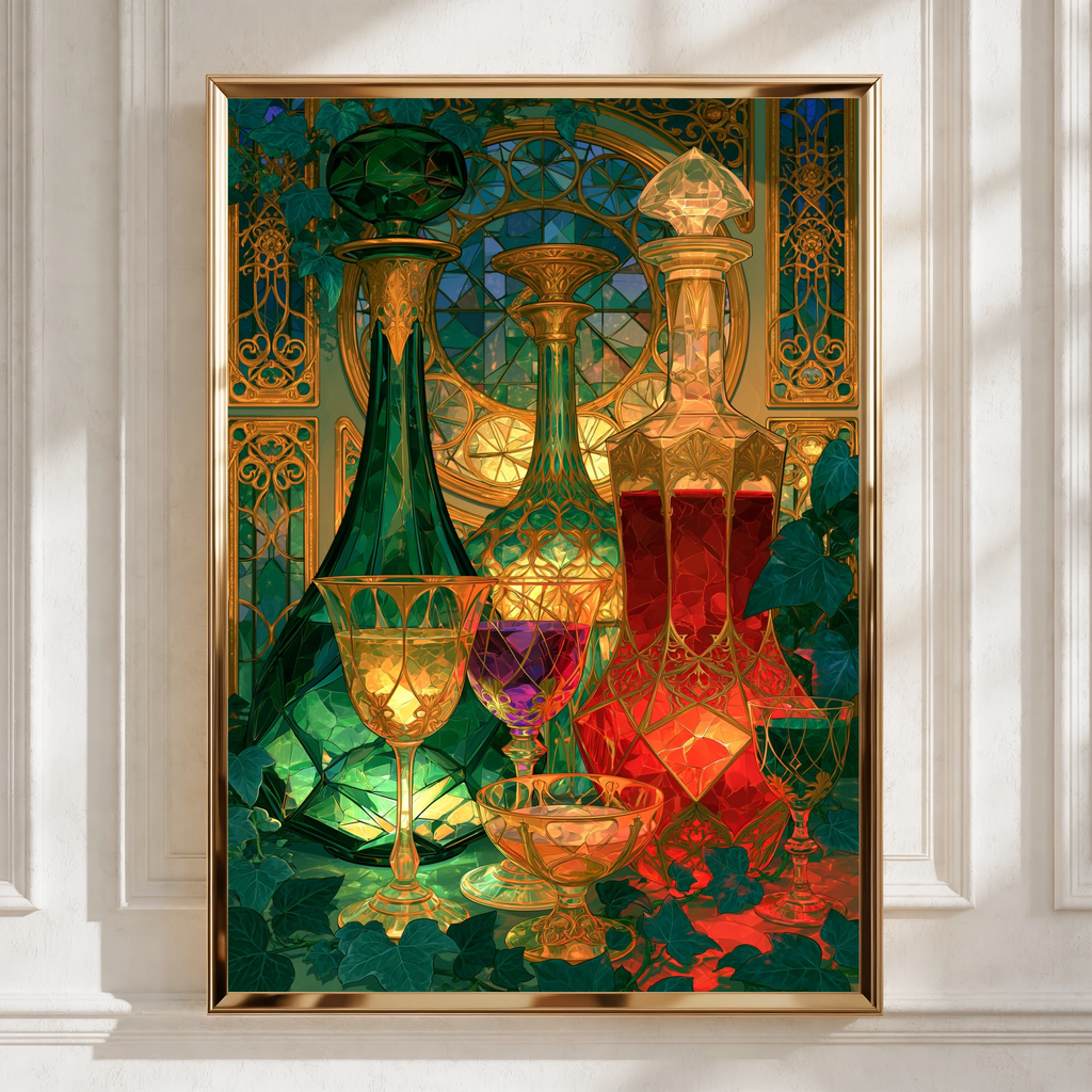 Art Nouveau Glass Decanters Still Life Poster, Jewel Tones, Ornate Gold