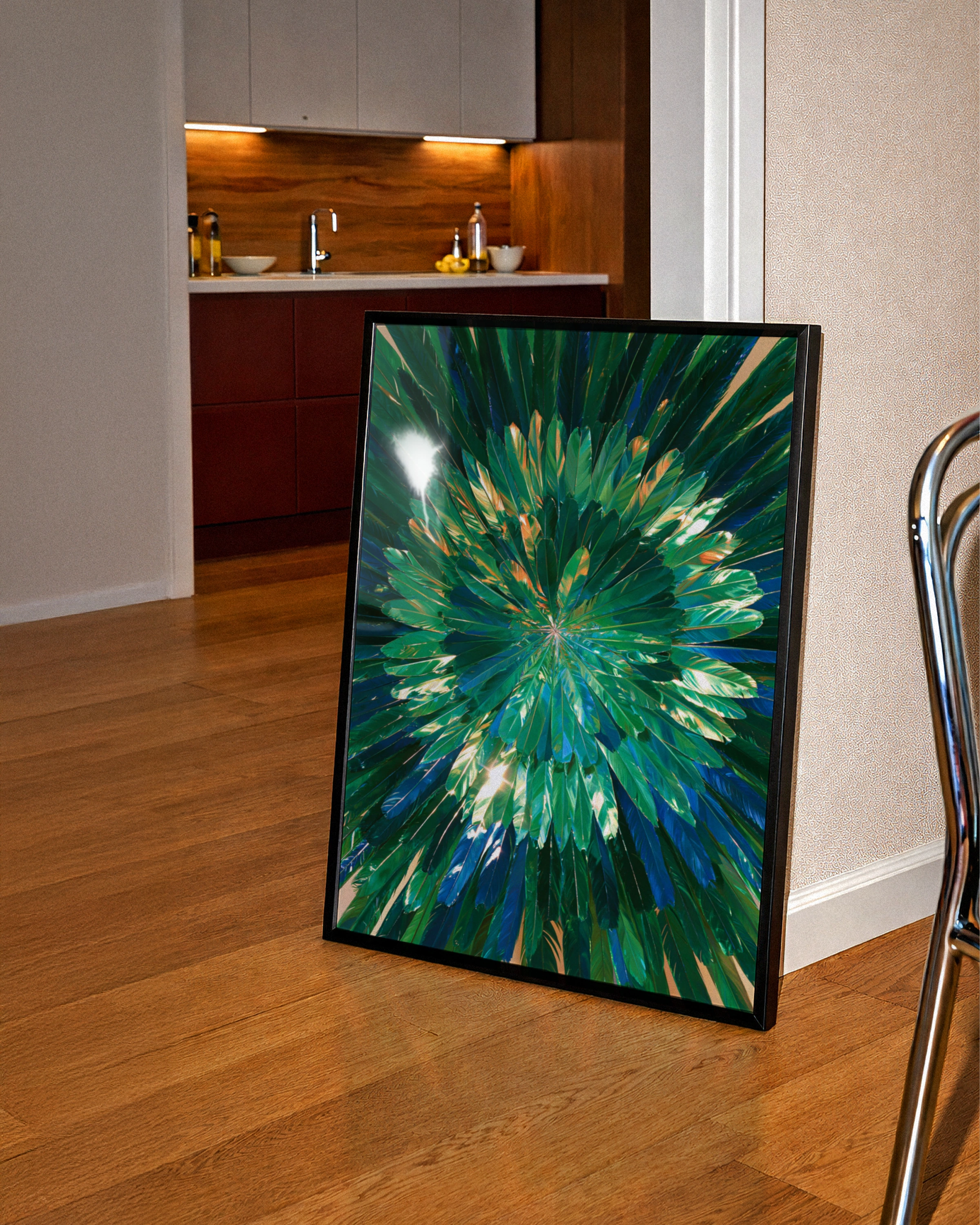 Green Feathers Burst Wall Art Poster, Iridescent Radial Nature Print