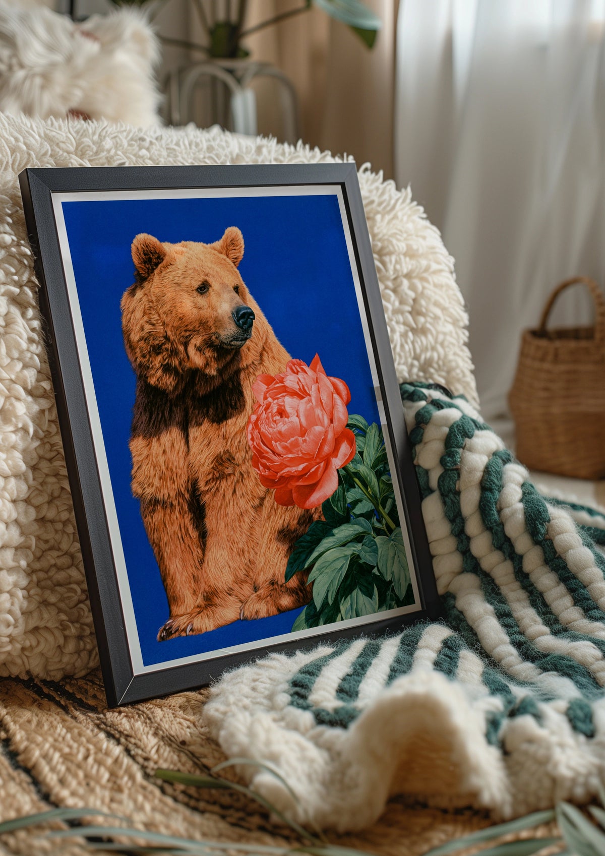 Bear with Pink Peony Flower Poster, Bold Blue Wildlife Floral Wall Art