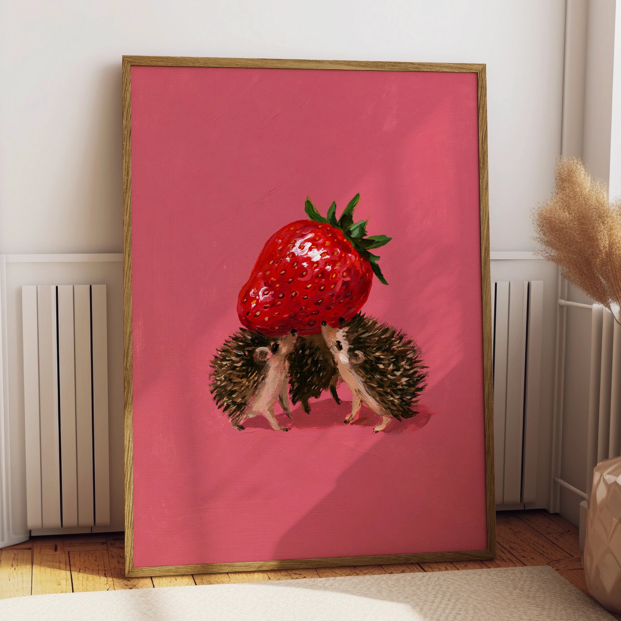 Hedgehogs Carrying Strawberry Poster, Cute Animal Wall Art, Pink Illustrated Print