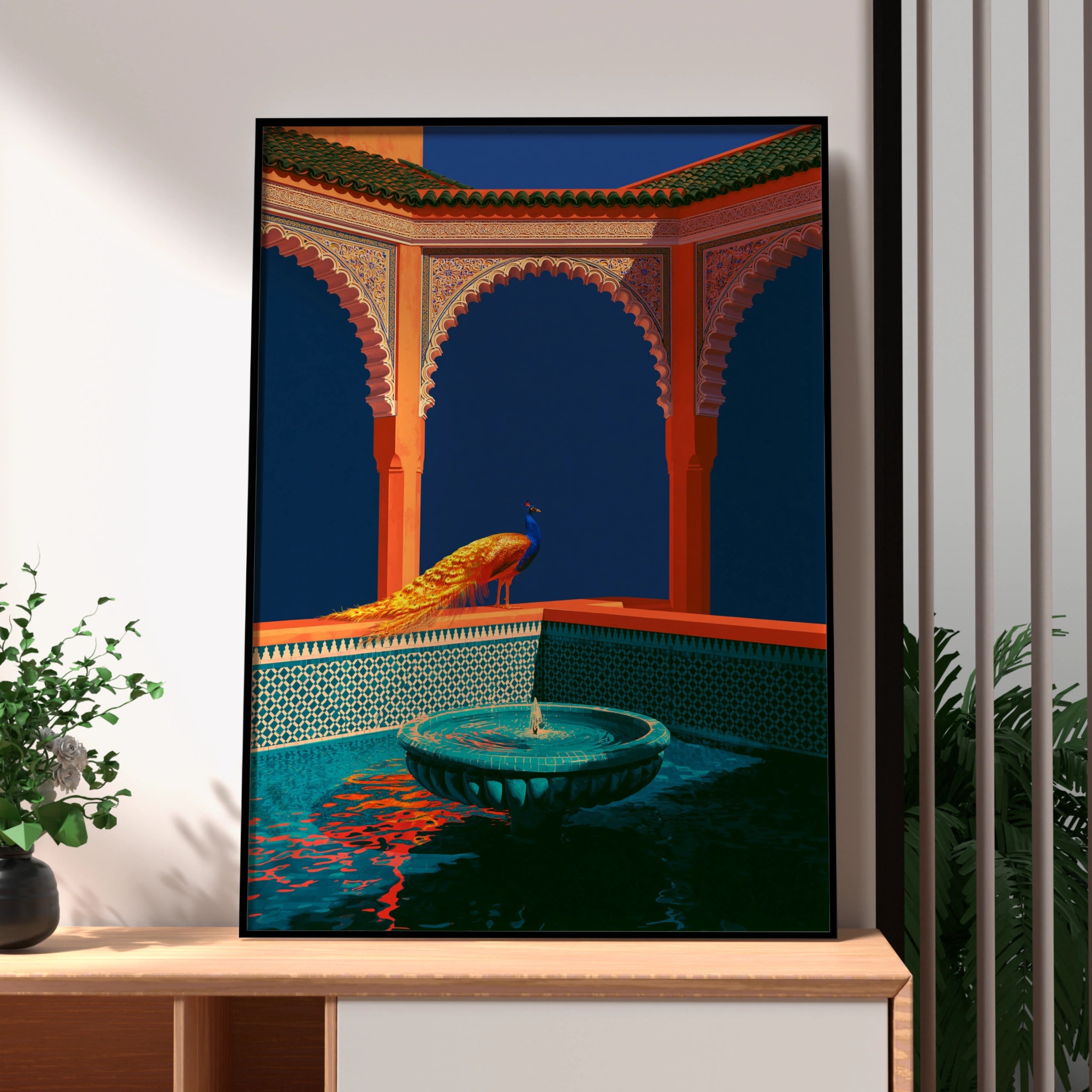 Peacock Moorish Arches Fountain Poster, Moroccan Architecture Wall Art Print