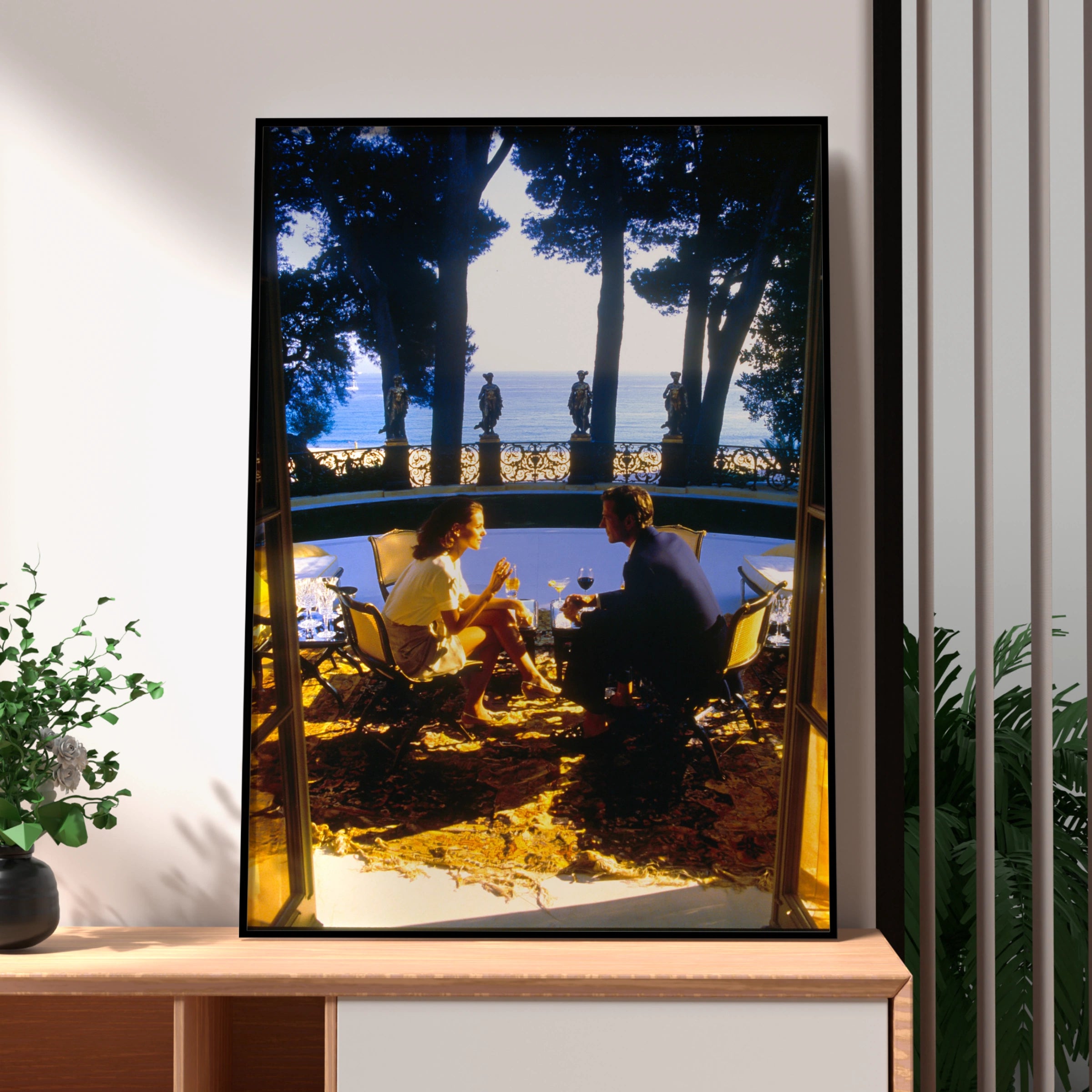 Couple Dining at Villa Terrace, Mediterranean Sea View Poster, Romantic Art