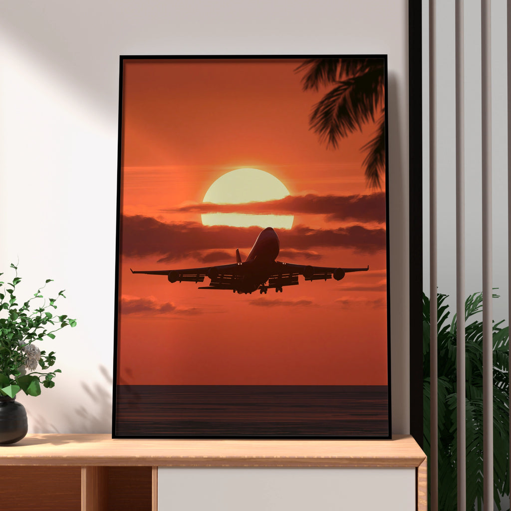 Plane Landing Sunset Poster, Aeroplane Silhouette, Tropical Travel Wall Art