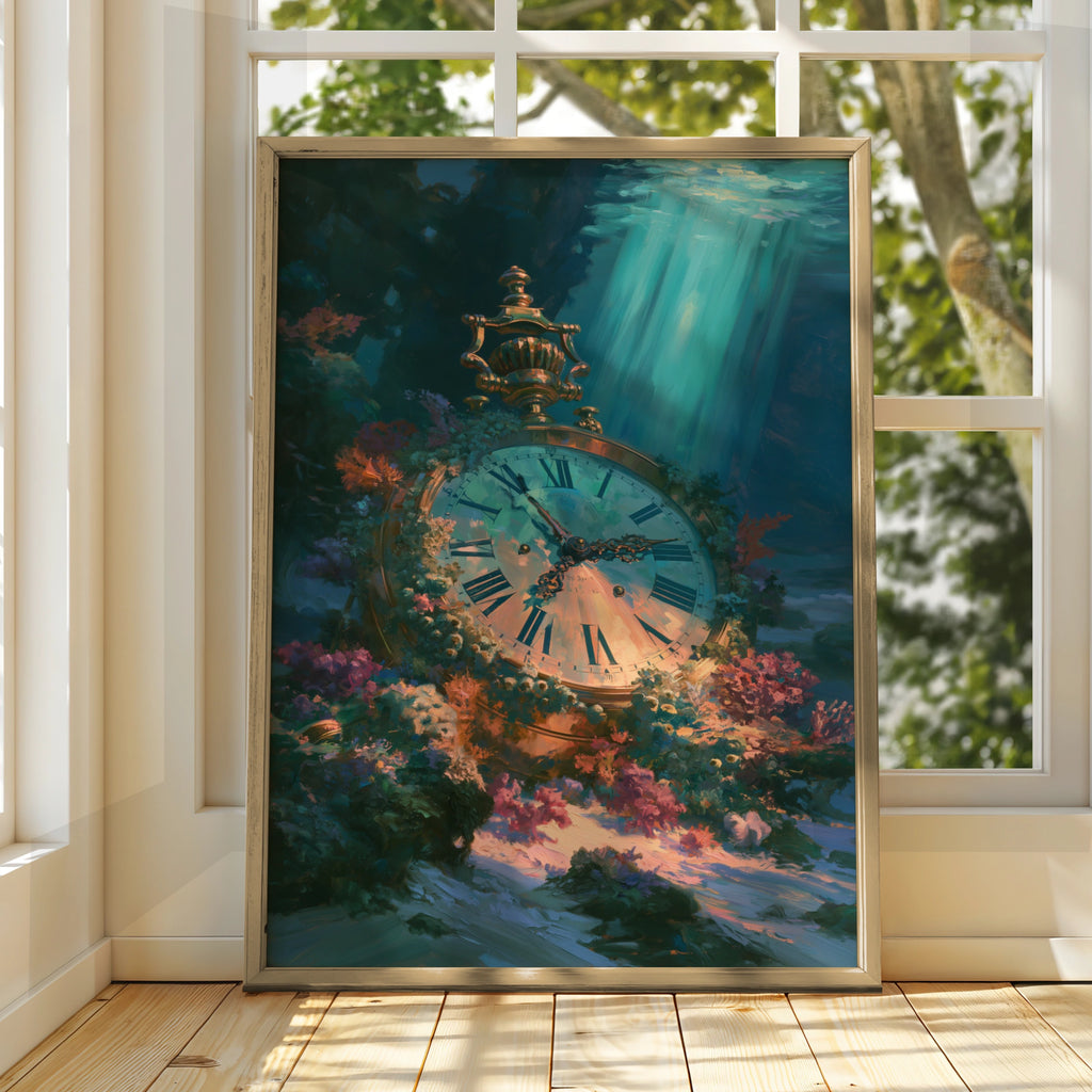 Underwater Clock Poster, Antique Timepiece Ocean Art, Fantasy Surreal Print