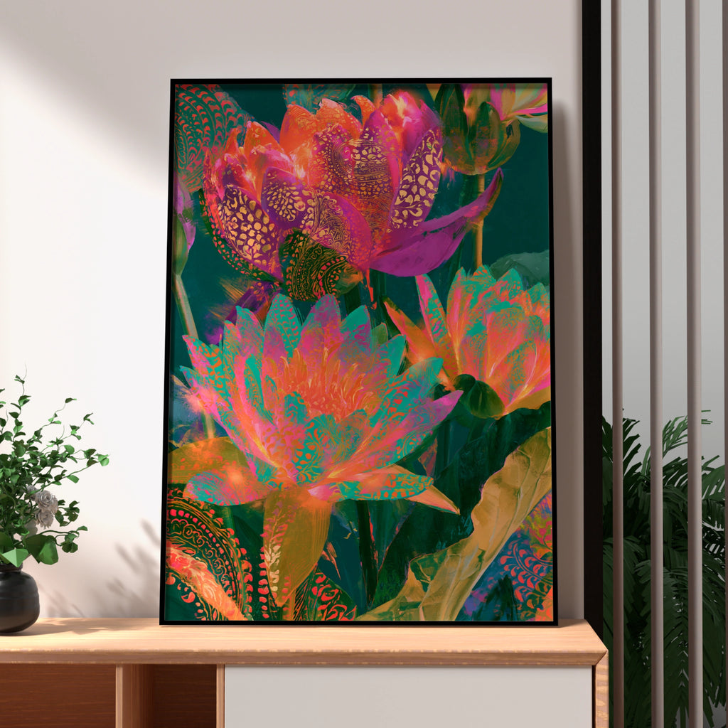 Abstract Glowing Lotus Flowers Poster, Vibrant Botanical Wall Art Print