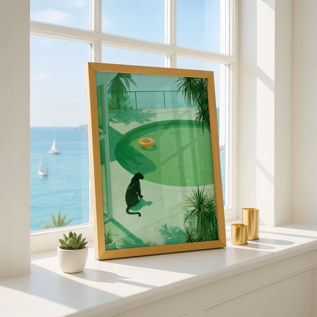 Black Panther by Pool Print, Green Tropical Art Poster, Modern Wildlife