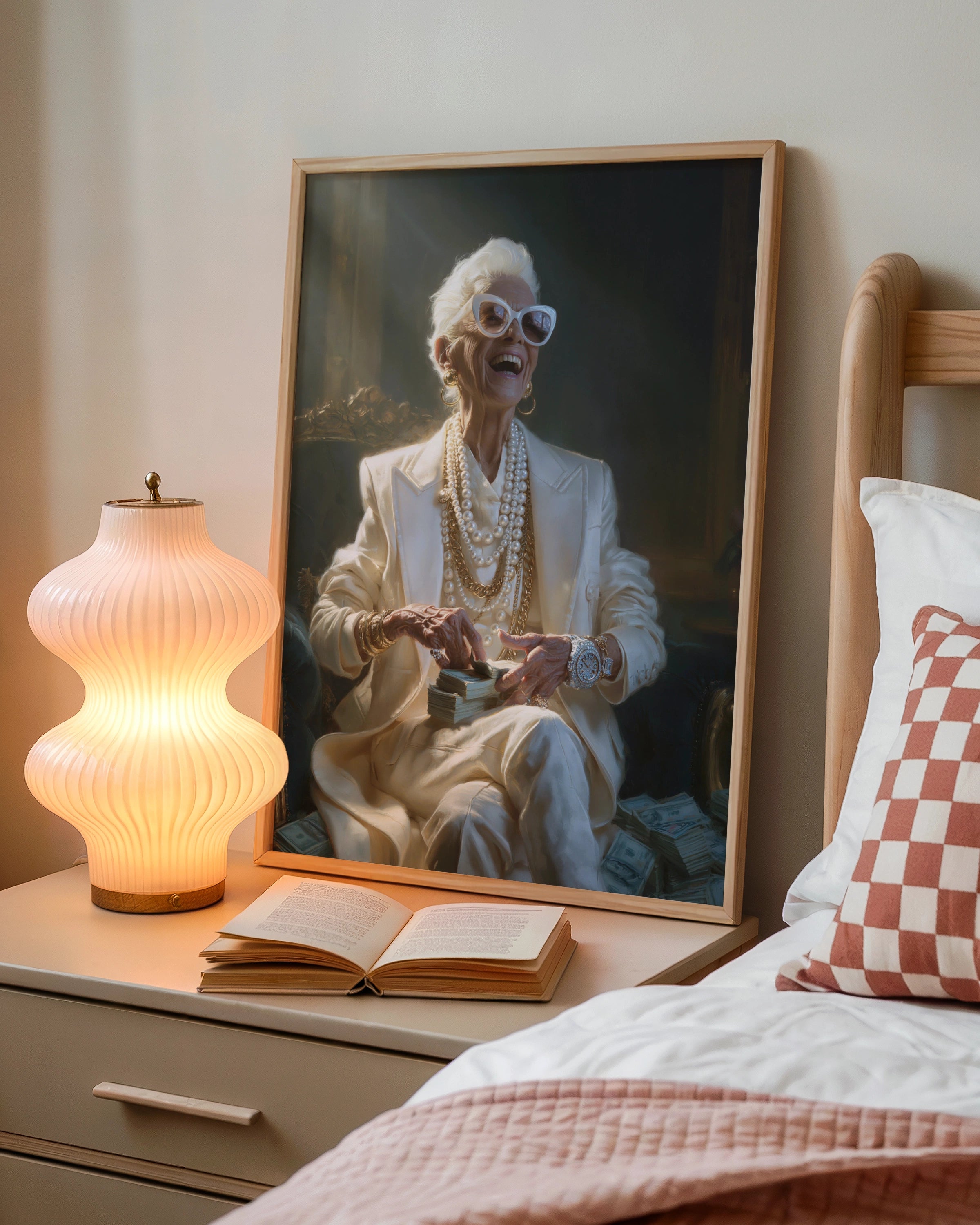 Glamorous Grandma Counting Money Poster, Funny Wealthy Older Woman Wall Art