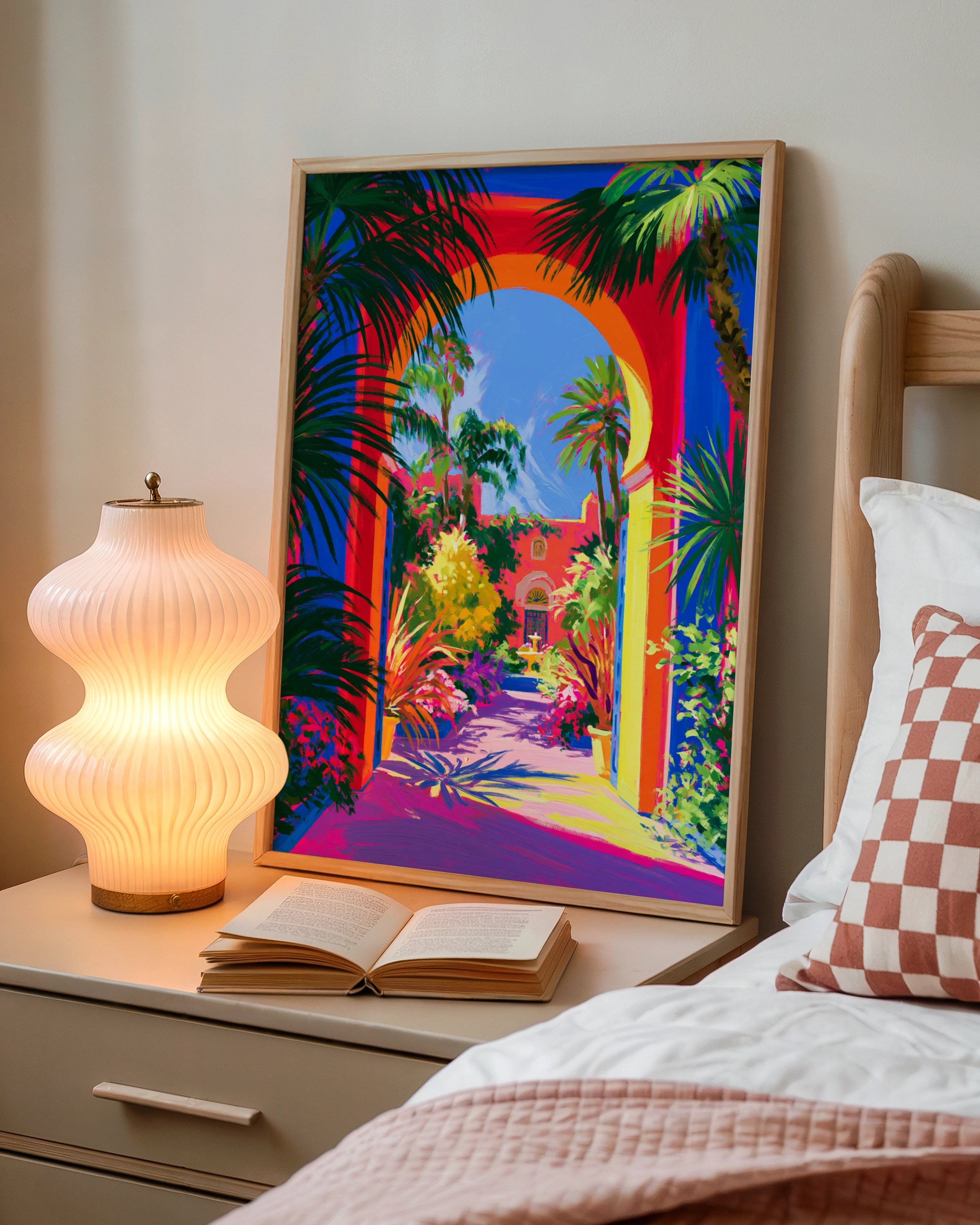 Courtyard Flowers Palms Poster, Tropical Arch Garden Print, Vibrant Colourful Wall Art