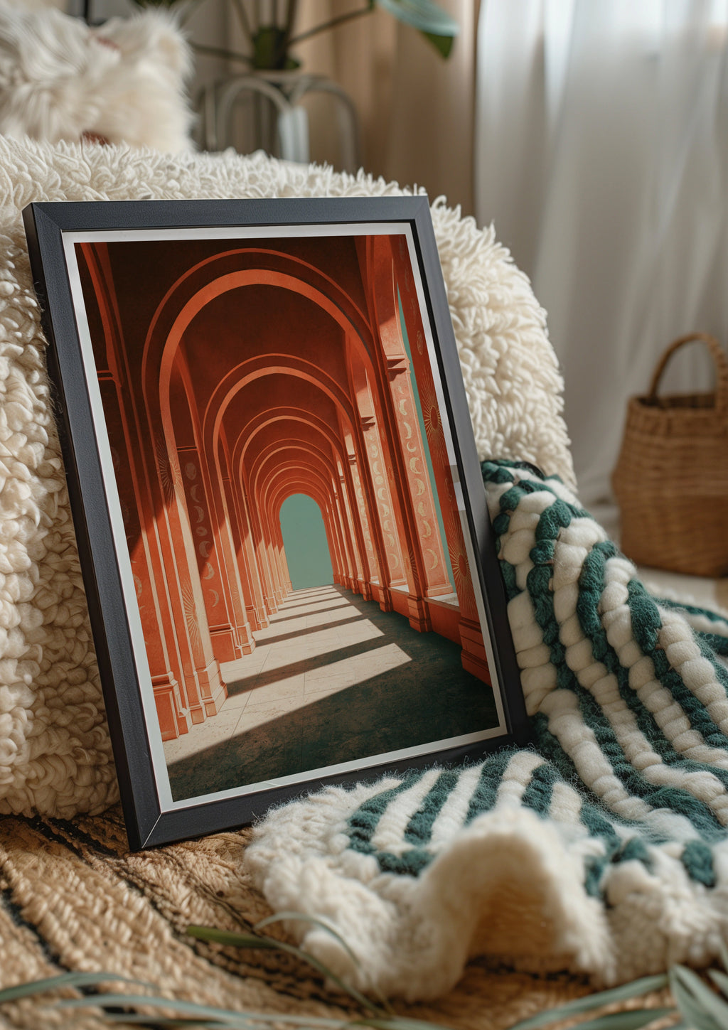 Orange Arch Corridor Poster, Moon Phase Celestial Colonnade, Surreal Architecture Print