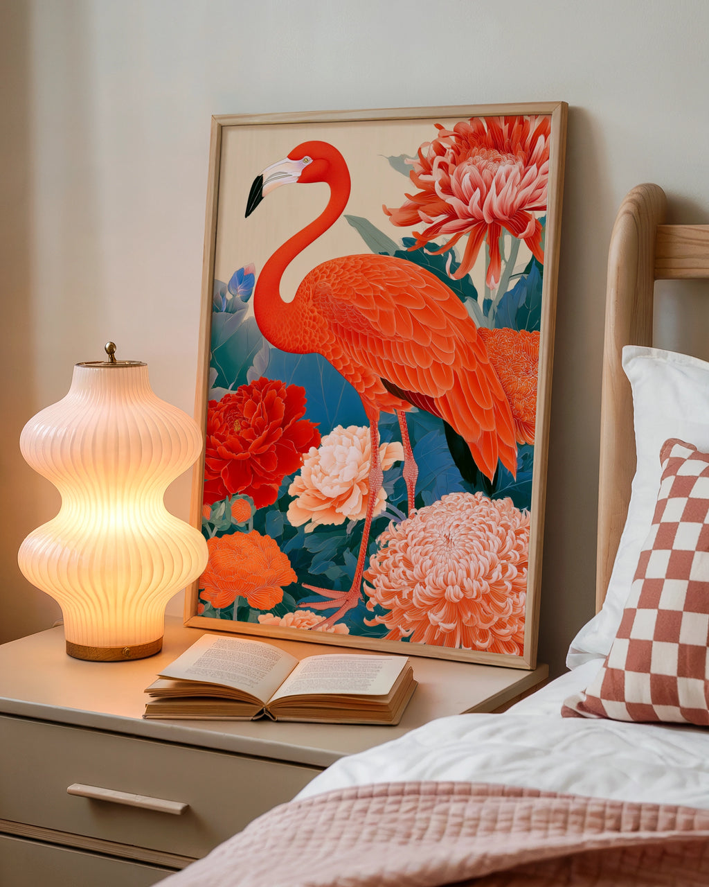 Flamingo Japanese Floral Poster, Botanical Bird Art Print, Ukiyo-e Style