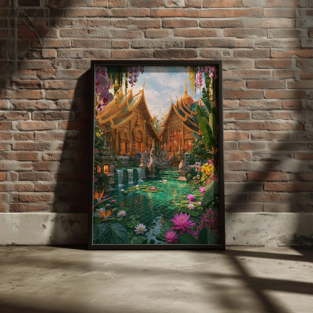 Thai Royal Temple Courtyard Poster, Lotus Garden, Tropical Wall Art Print