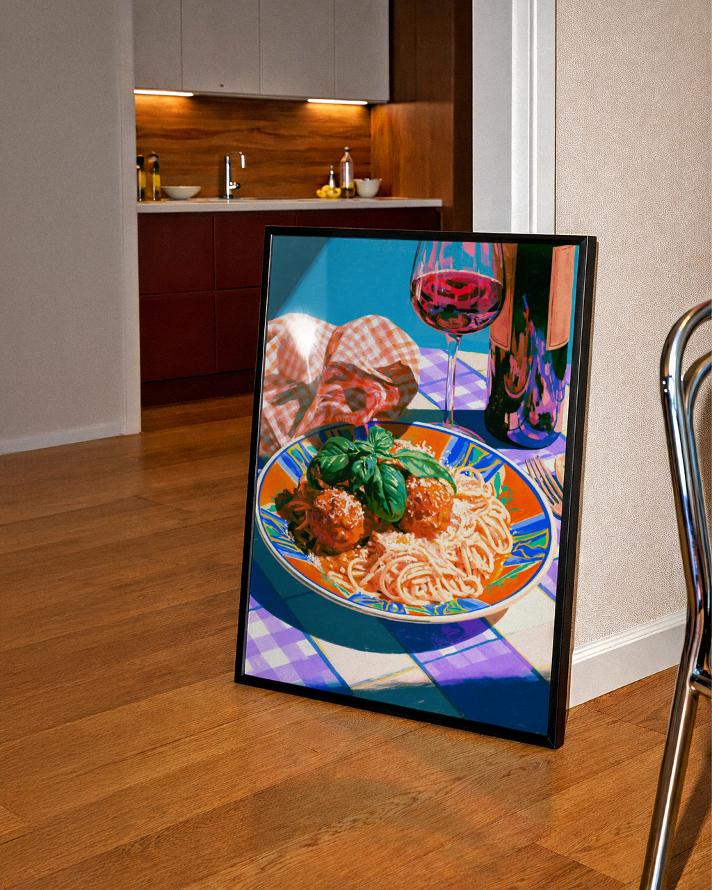 Pasta Meatballs Italian Food Poster, Spaghetti Wall Art, Colourful Kitchen Print