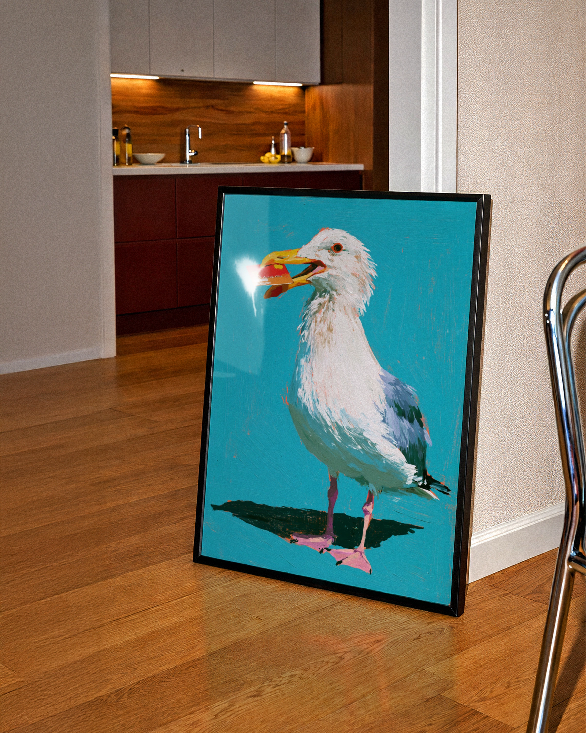 Seagull Stealing Credit Card Poster, Funny Coastal Bird Art Print, Teal