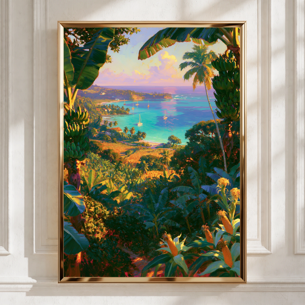 Tropical Beach Bay Poster, Caribbean Jungle View, Sailboat Wall Art Print