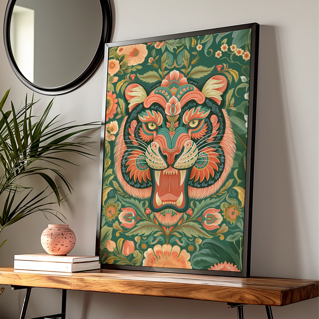 Tiger Asian Floral Pattern Poster, Ornate Folk Art Print, Botanical Wall Art