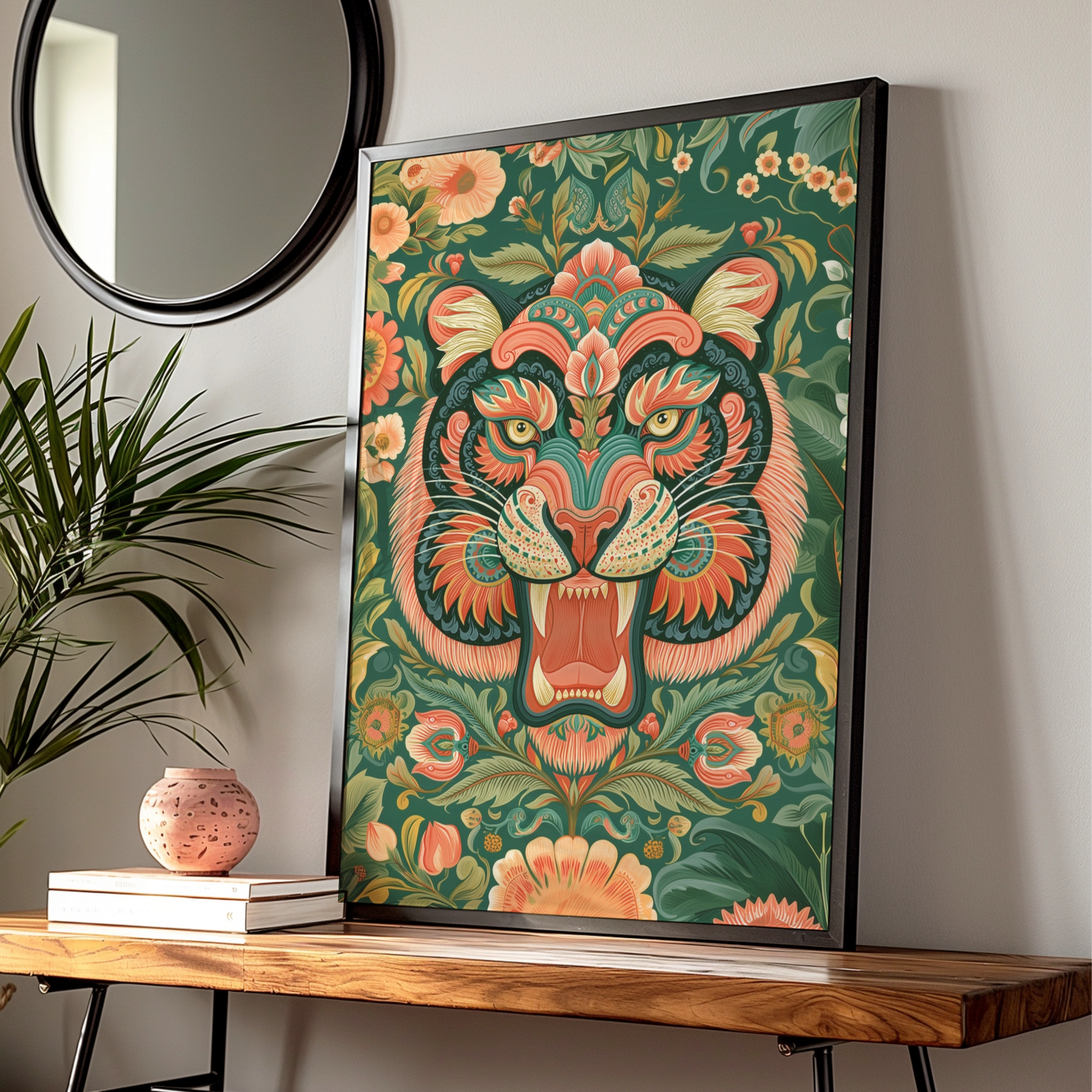 Tiger Asian Floral Pattern Poster, Ornate Folk Art Print, Botanical Wall Art
