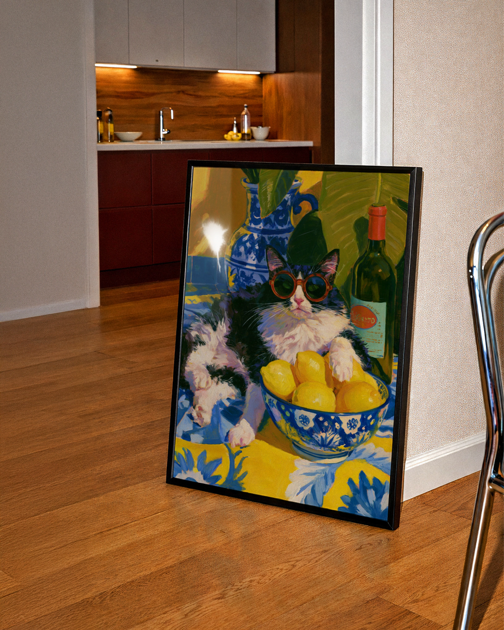 Cat with Sunglasses Lemon Bowl Poster, Mediterranean Still Life Wall Art Print