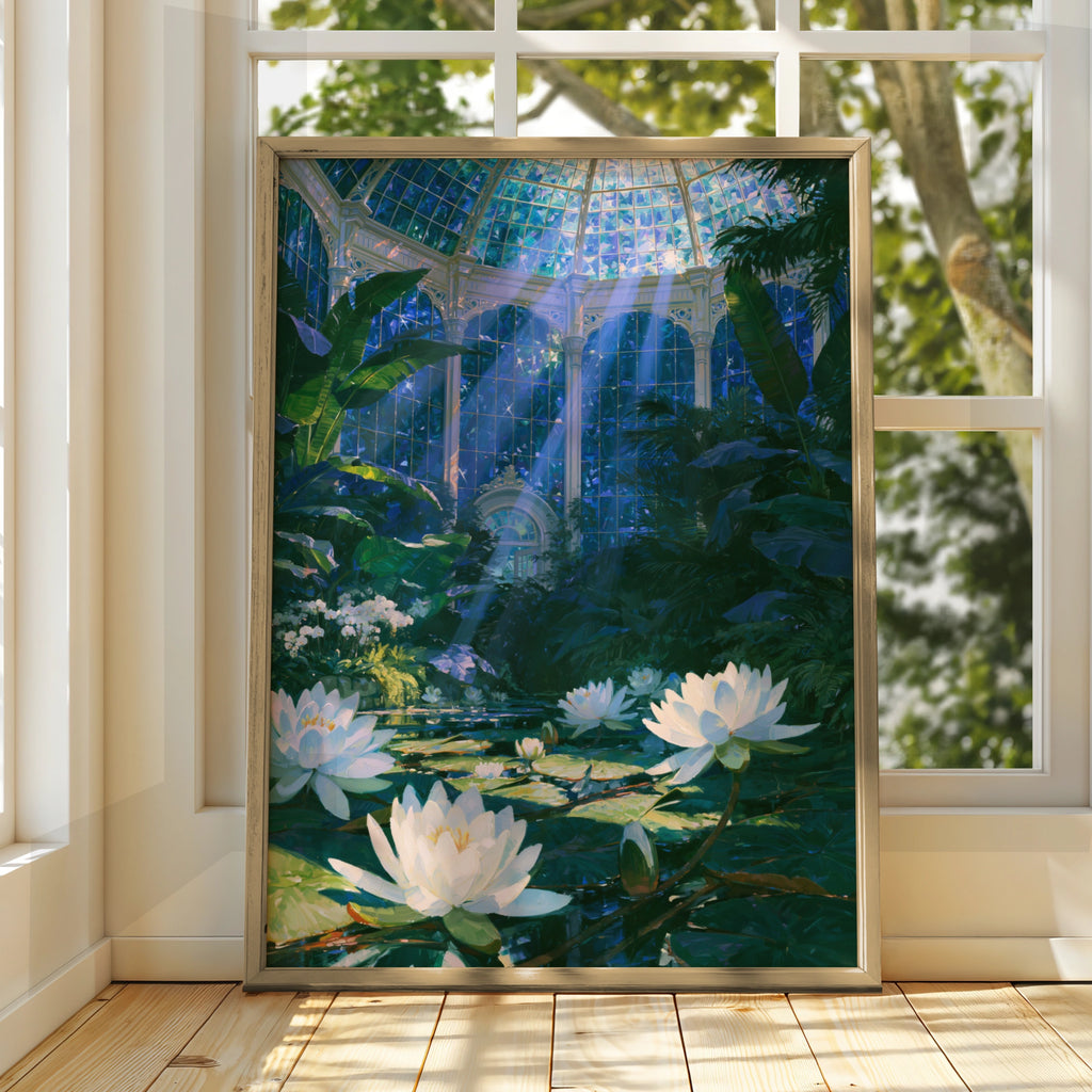 Greenhouse Water Lilies Poster, Glass Dome Botanical Garden, Impressionist Wall Art