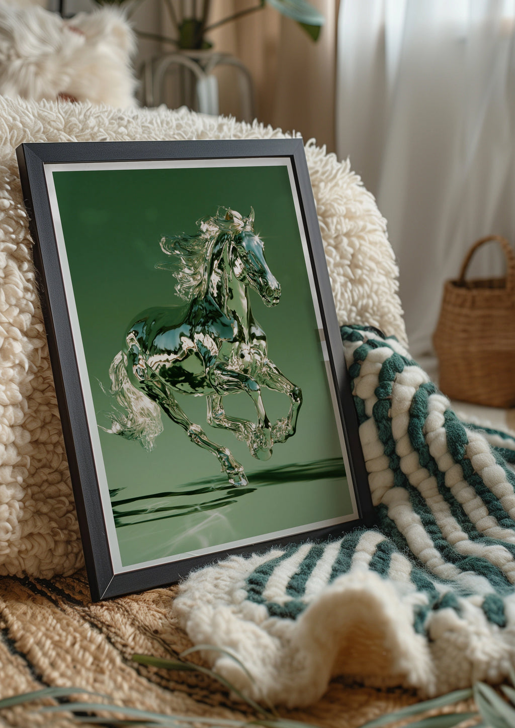 Chrome Horse Poster, Green Metallic Running Horse, Modern 3D Wall Art
