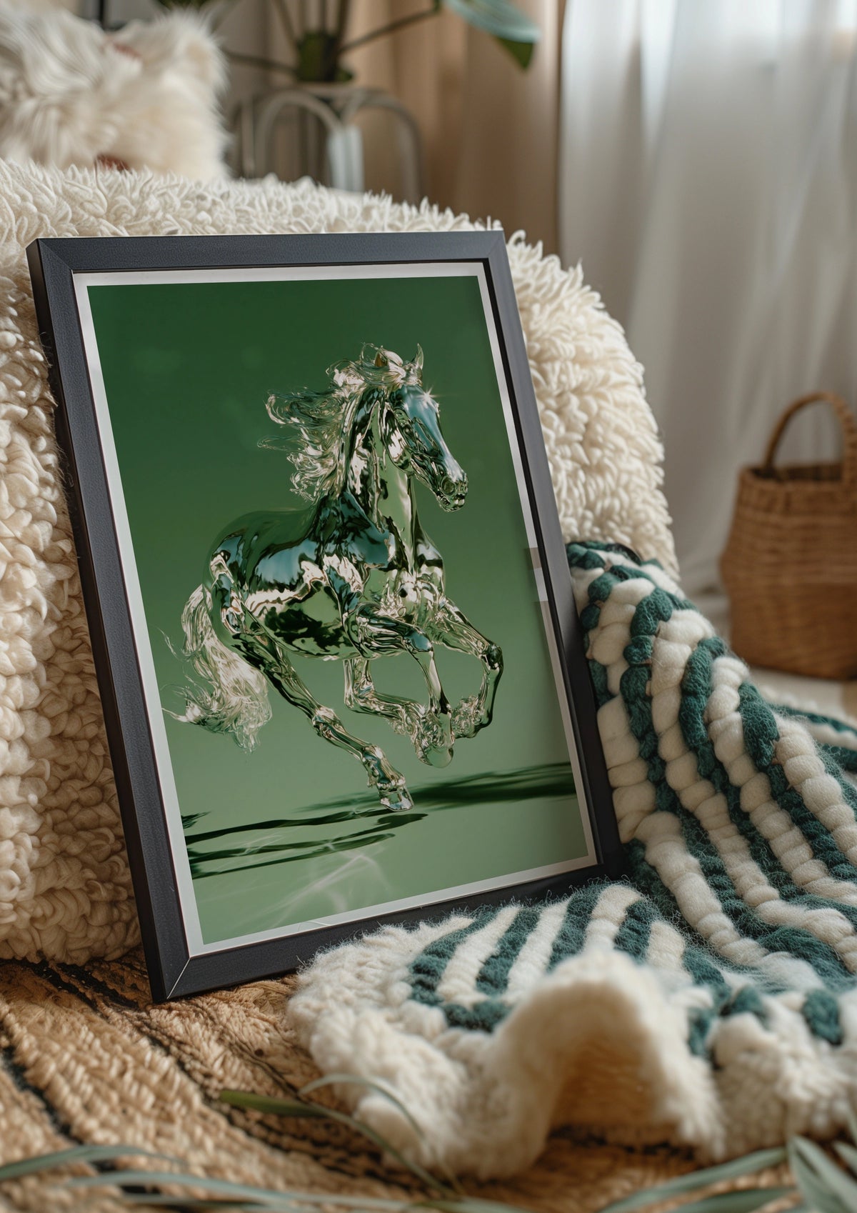 Chrome Horse Poster, Green Metallic Running Horse, Modern 3D Wall Art