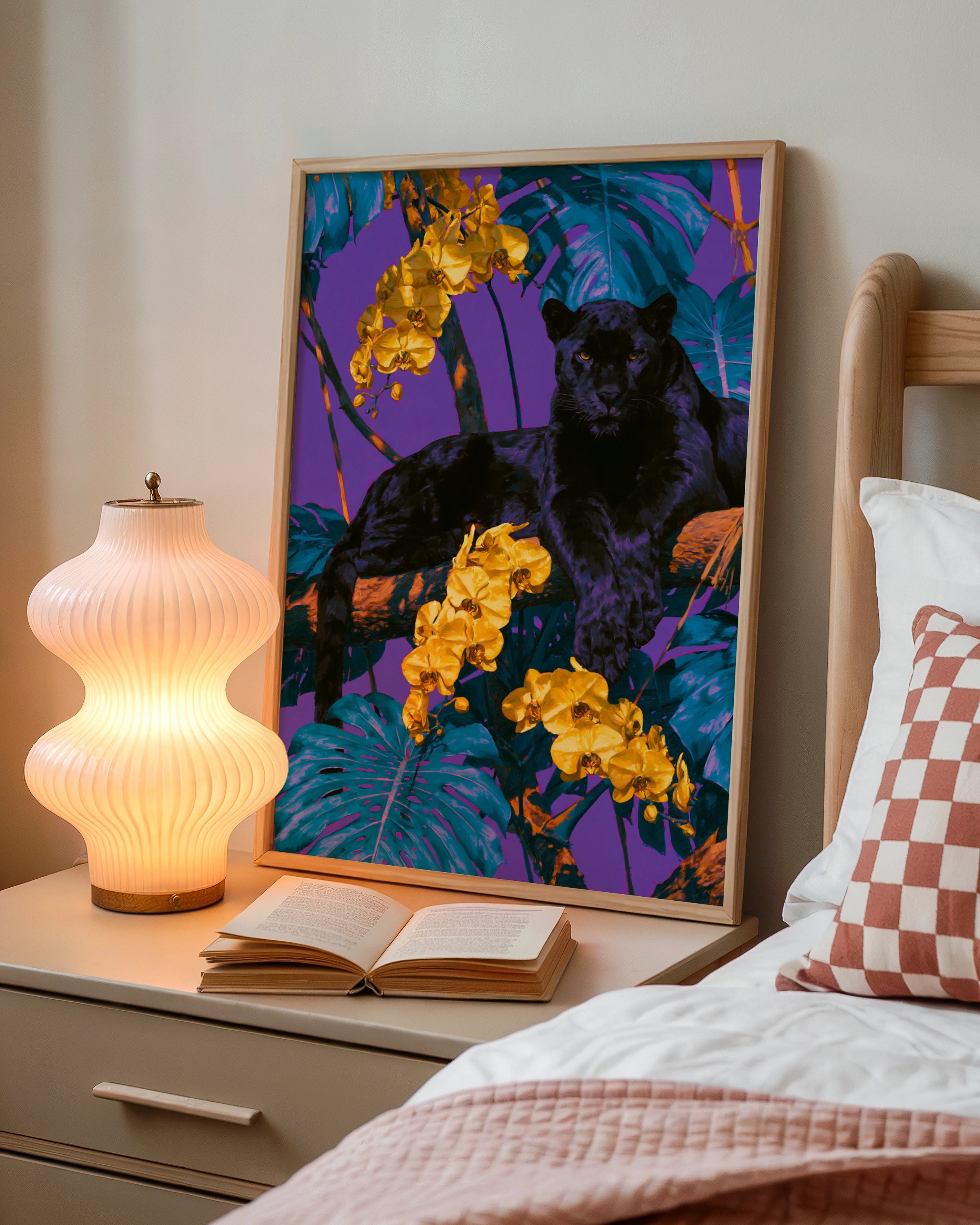 Black Panther Yellow Orchids Poster, Tropical Jungle Wall Art, Bold Colourful Print