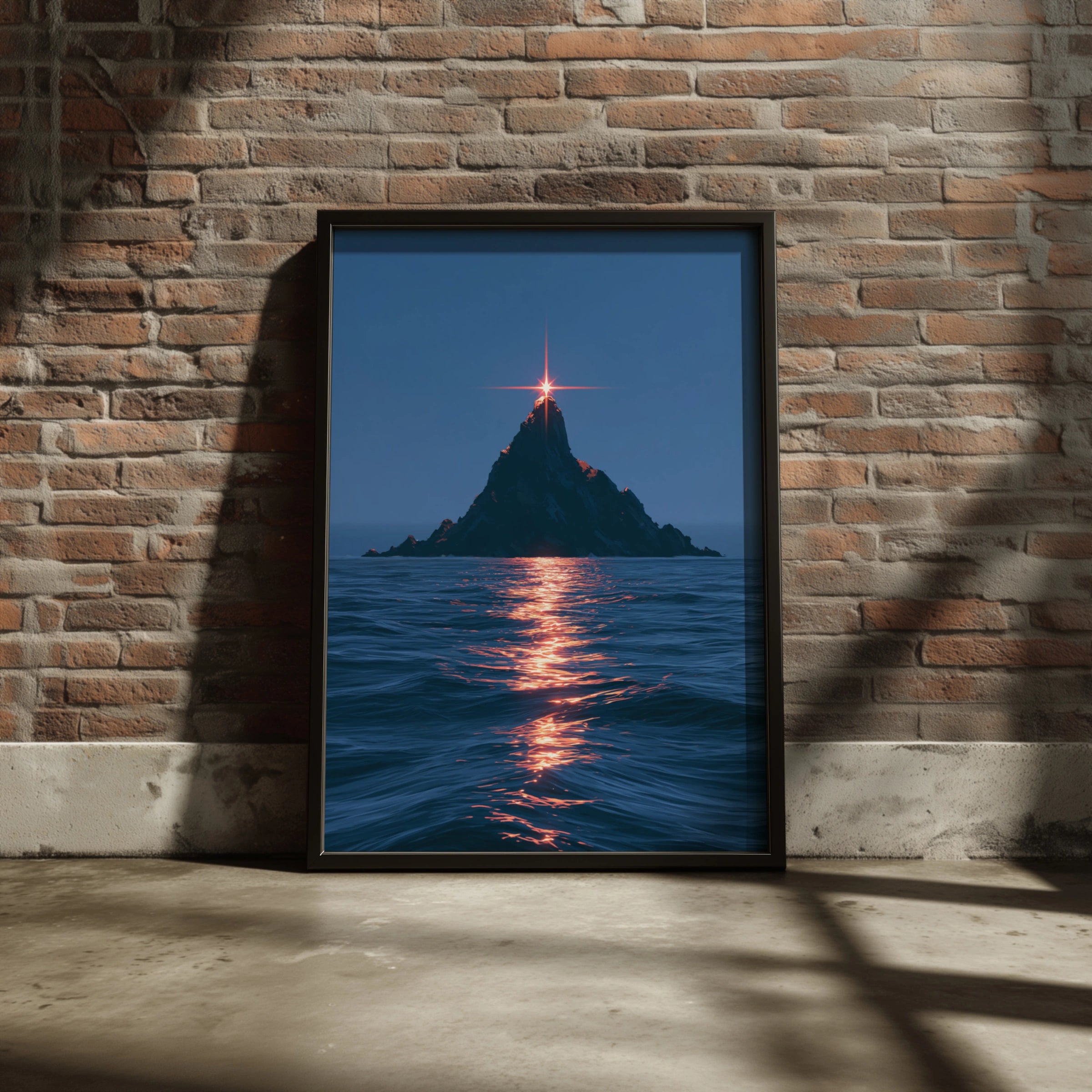 Island Star Sea Poster, Rocky Peak Ocean Night Print, Cinematic Seascape Art