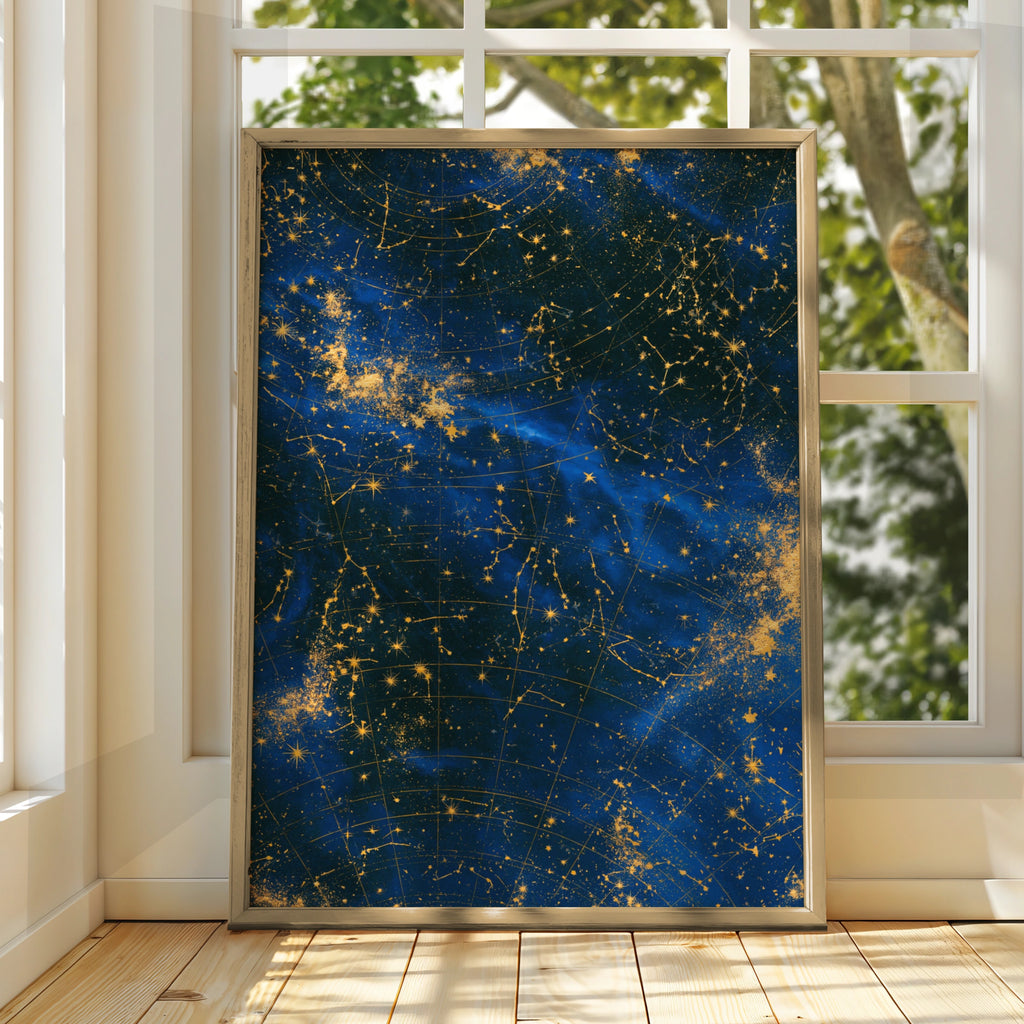 Star Galaxy Constellation Map Poster, Navy Blue Gold Night Sky Wall Art Print
