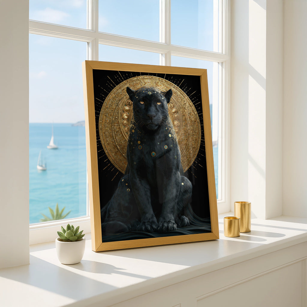 Black Panther Gold Halo Wall Art Poster, Mystical Big Cat Print