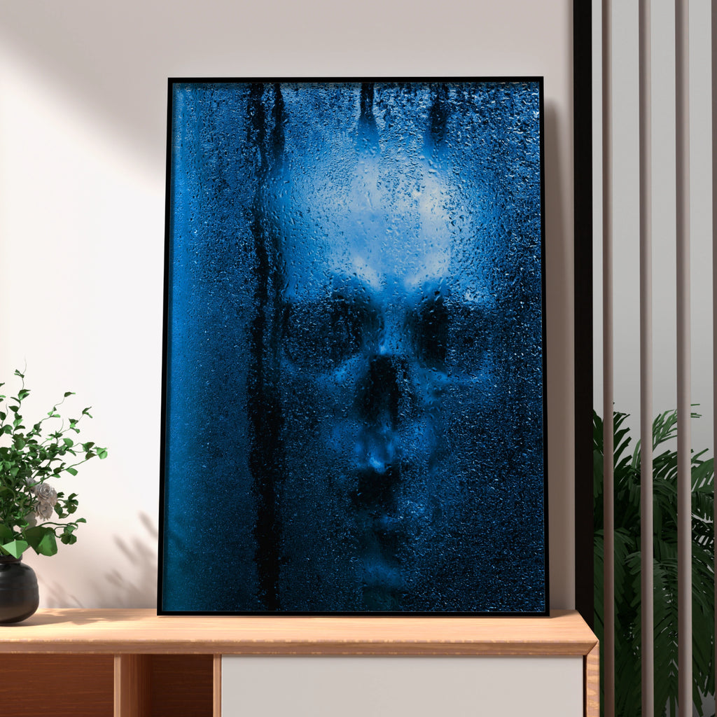 Skull Through Wet Glass Poster, Blue Gothic Wall Art, Dark Moody Print
