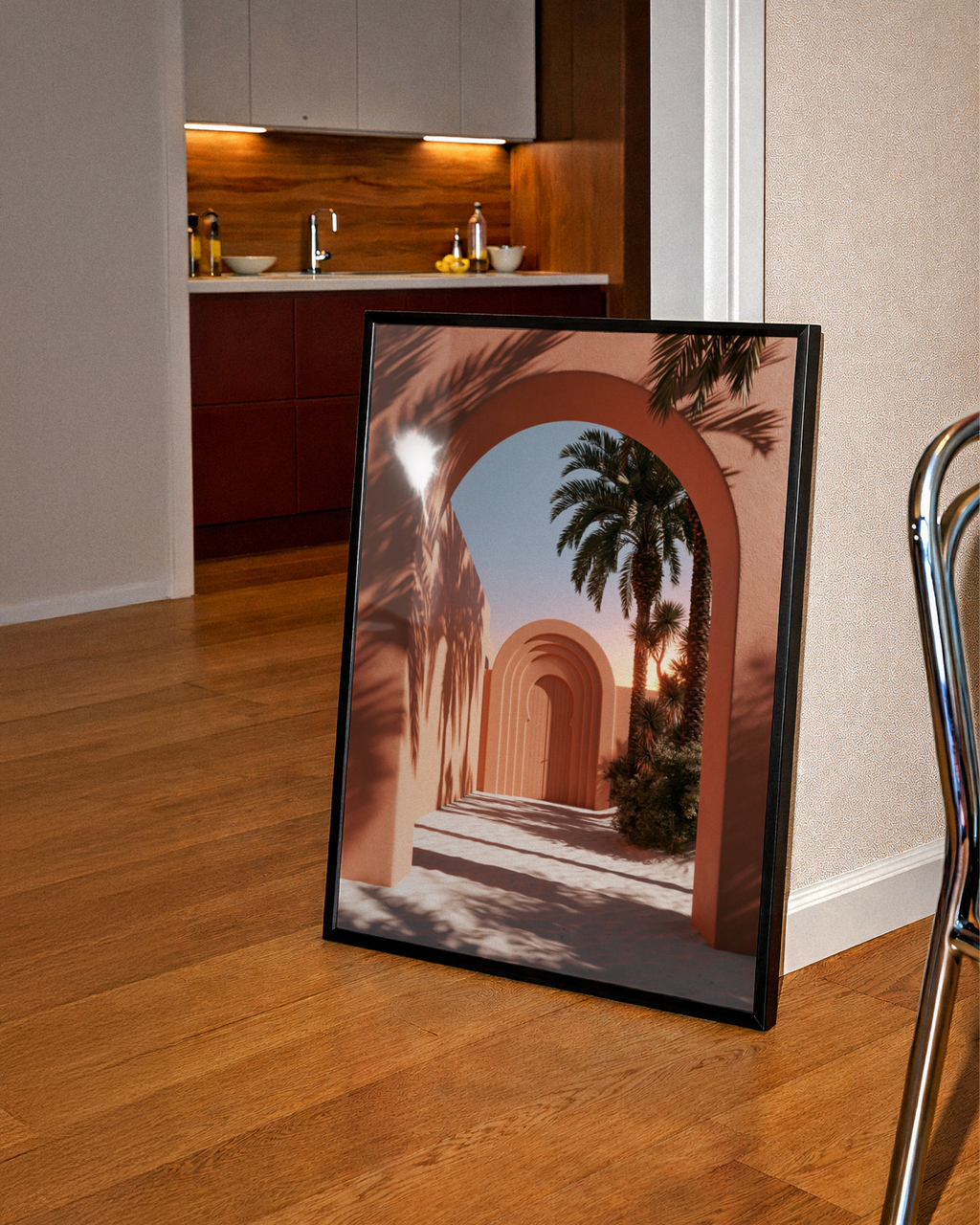 Terracotta Arch Wall Art Poster, Moroccan Architecture, Palm Tree Print