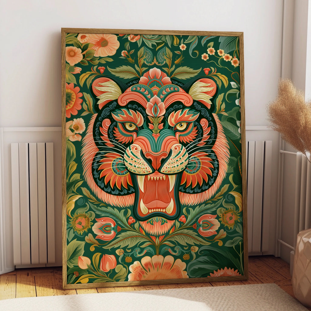 Tiger Asian Floral Pattern Poster, Ornate Folk Art Print, Botanical Wall Art
