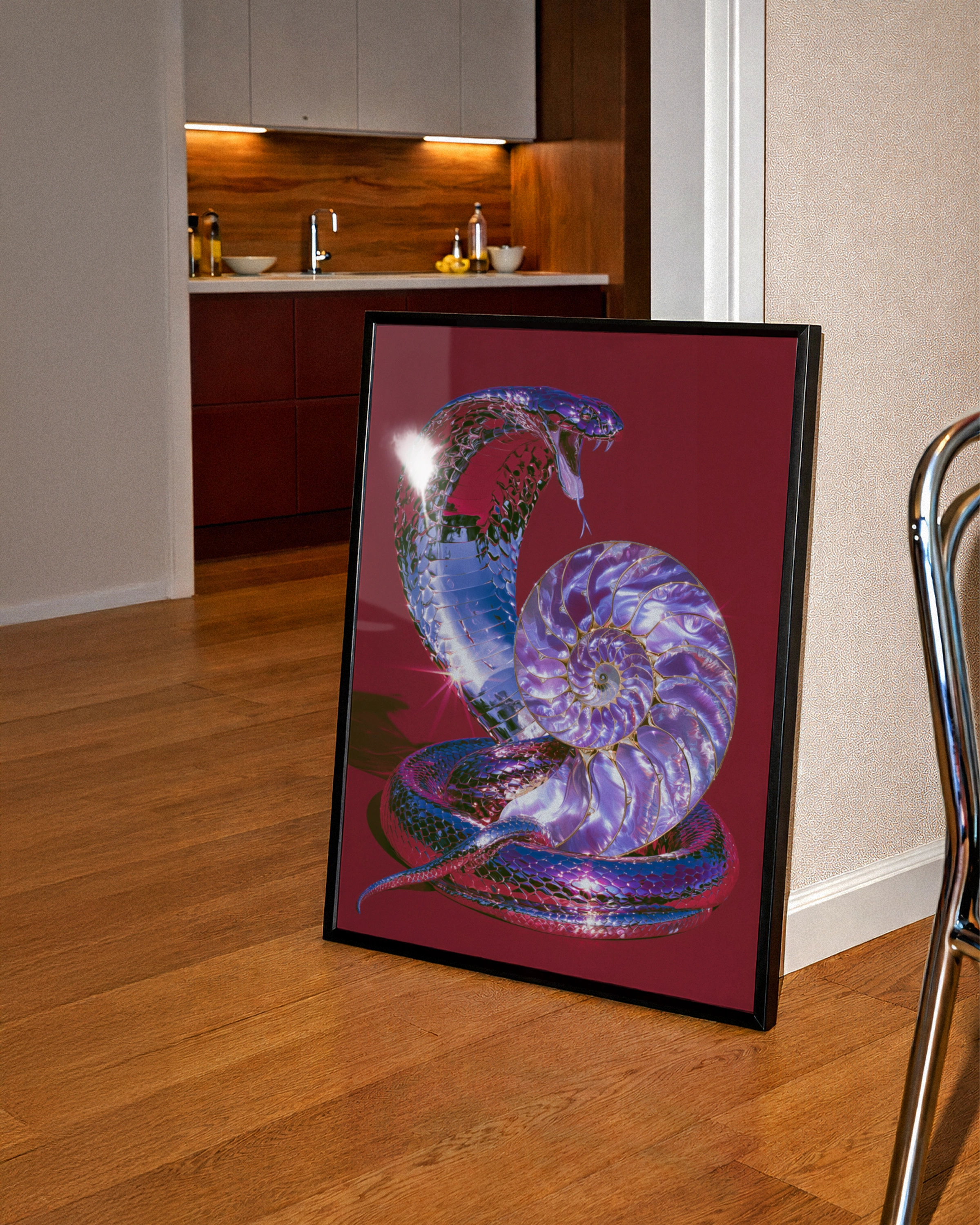 Chrome Cobra Nautilus Shell Poster, Red Purple Snake Wall Art Print