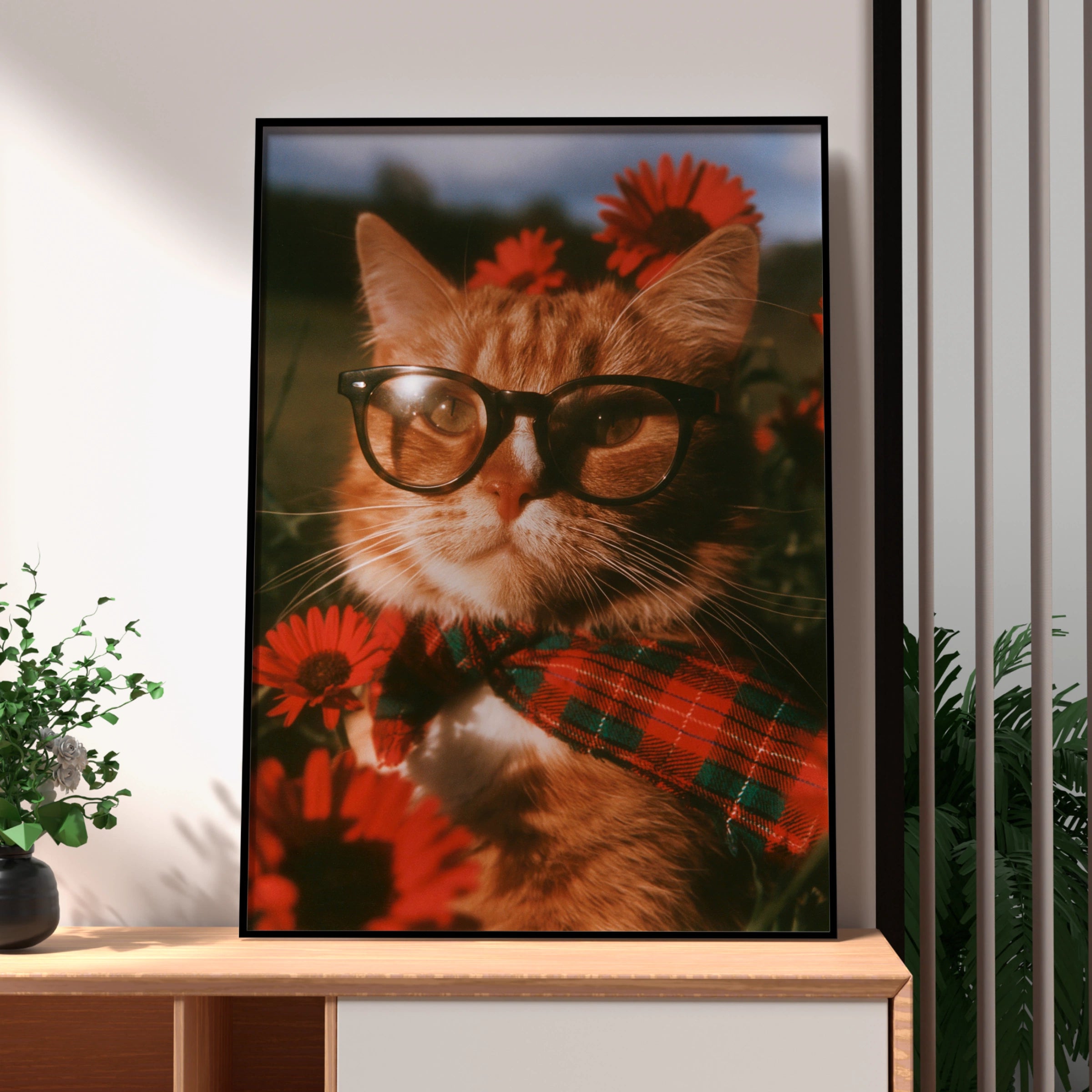 Cat Wearing Glasses Flowers Poster, Ginger Cat Wall Art, Retro Floral Print