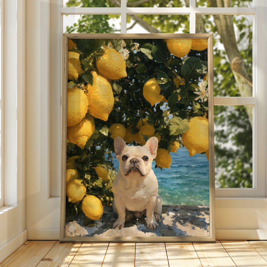 French Bulldog Lemon Tree Poster, Mediterranean Coast, Oil Painting Style