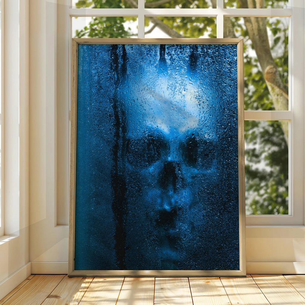 Skull Through Wet Glass Poster, Blue Gothic Wall Art, Dark Moody Print