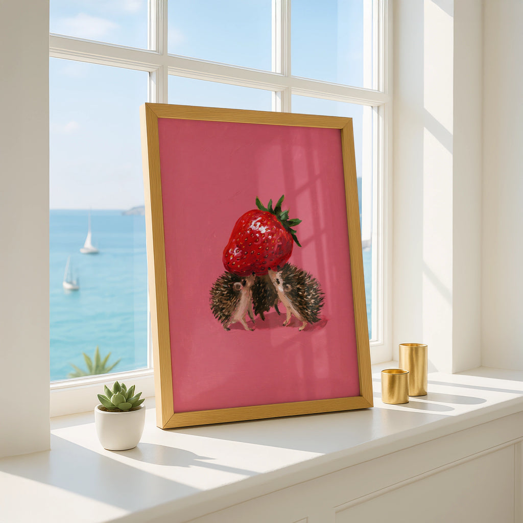 Hedgehogs Carrying Strawberry Poster, Cute Animal Wall Art, Pink Illustrated Print
